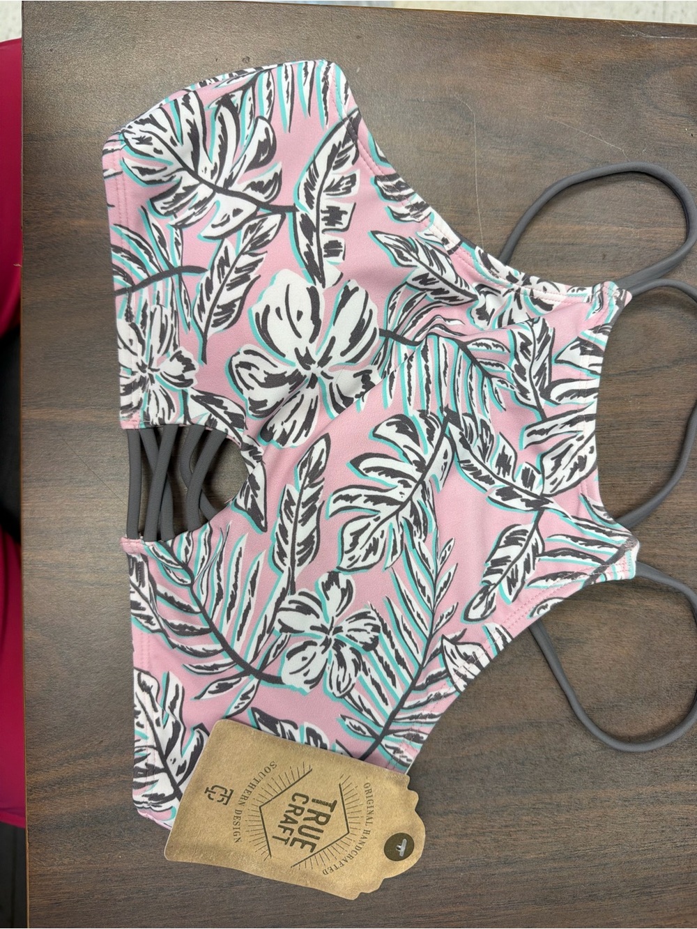 True Craft Pink Tropical Print Women's Swim Bikini Top with Gray Straps